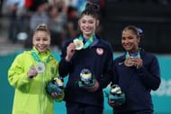 Flavia Saraiva (L), Kayla DiCello (C) and Jordan Chiles (R) in the Gymnastics - Women's All-Around at Santiago 2023 Pan Am Games. (Photo by Al Bello/Getty Images)